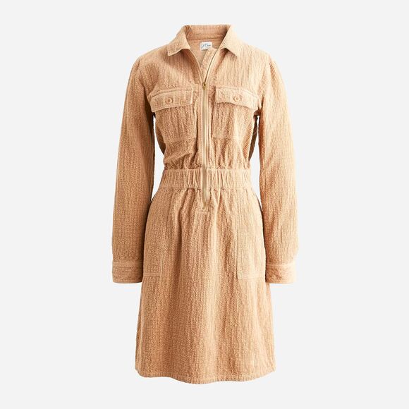 J Crew Zip-front Cinched Corduroy Dress Sz 2 Long Sleeve Tan Western Utility NWT - Picture 1 of 12
